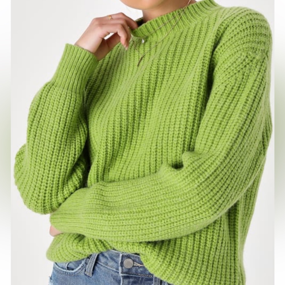 Lulus excellent mock neck fuzzy lime green pullover sweater s balloon sleeves